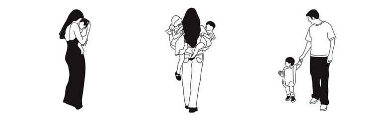 Hand-drawn doodle family icon set. Outline family clipart. Hand-drawn black art.