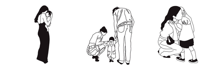 Hand-drawn doodle family icon set. Outline family clipart. Hand-drawn black art.