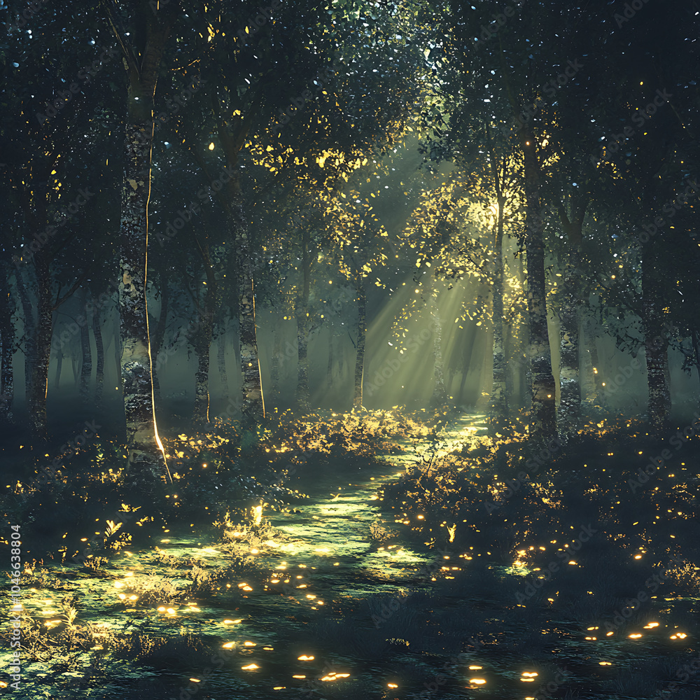 Poster a serene forest scene illuminated by soft, golden light filtering through trees, creating magical at