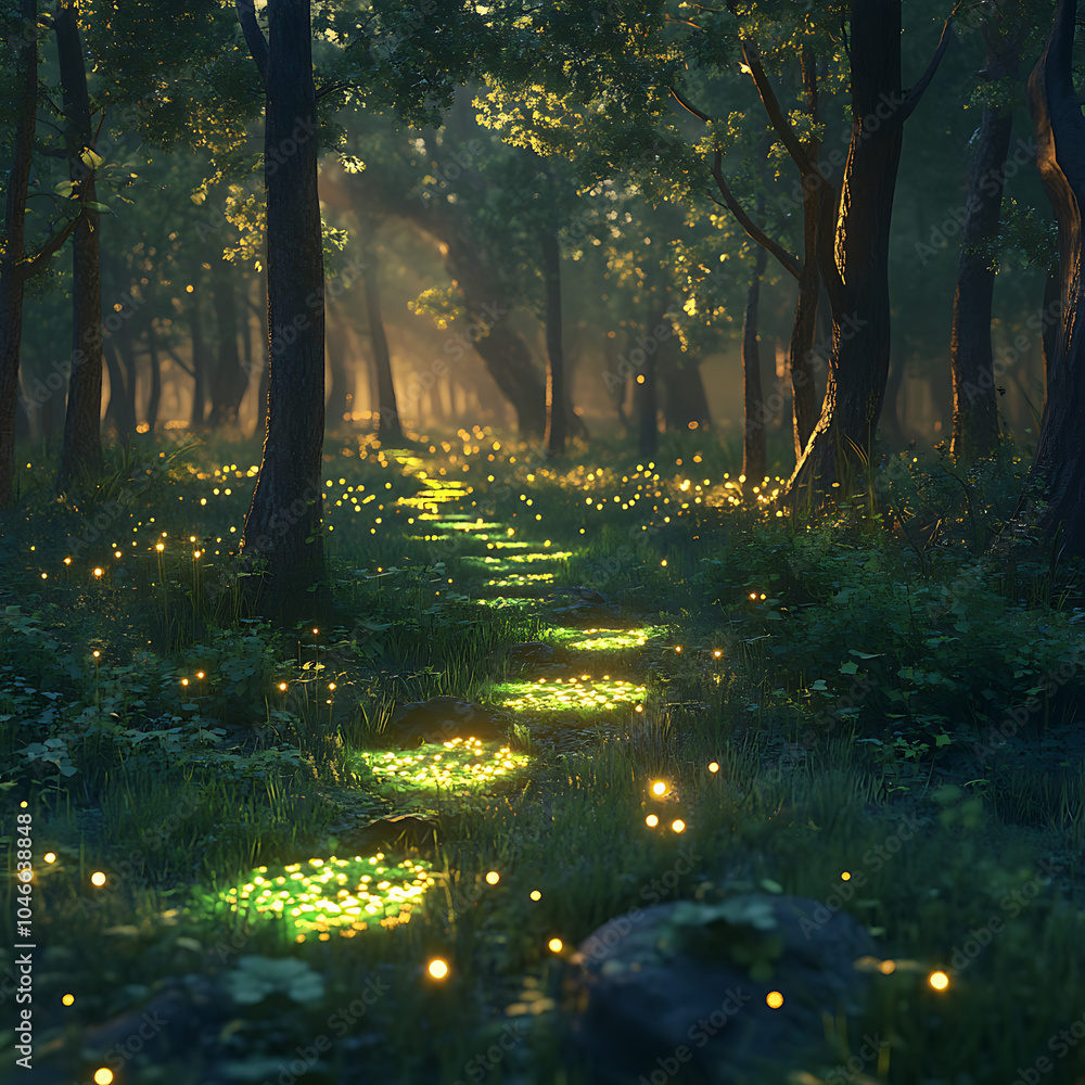 Poster a serene forest path illuminated by glowing lights creates magical atmosphere. lush greenery and tal