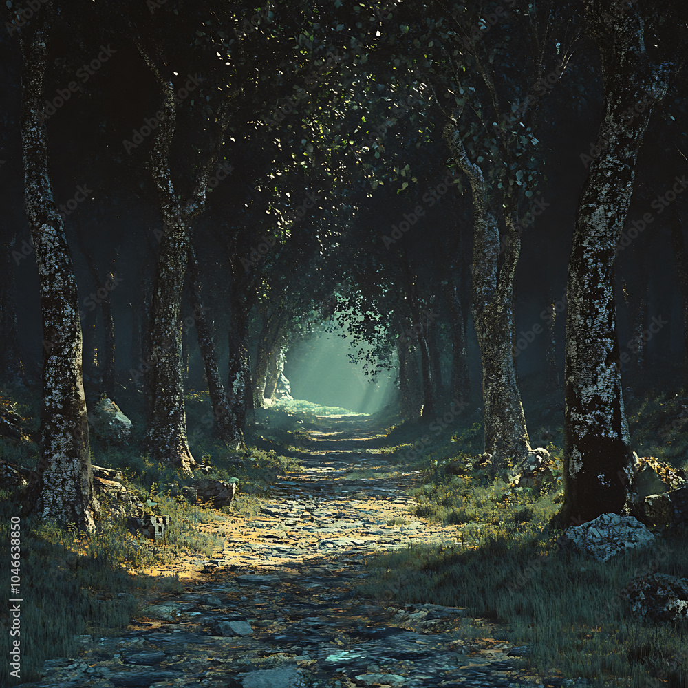 Poster a serene path winds through native forest, illuminated by soft light filtering through trees. tranqu