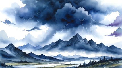 Nature's Fury: A dramatic watercolor painting of a thunderstorm, with lightning illuminating the dark sky and casting long shadows across the landscape. Thunderstorm. Illustration. Drawing. Art. 1