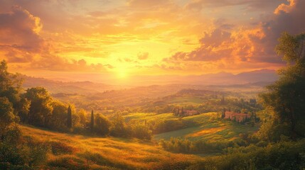 Obraz premium A picturesque sunset over a rolling landscape.