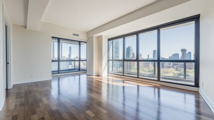 Obraz premium Spacious room with large windows and modern wooden floors.