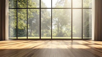 Spacious room with large windows and modern wooden floors.