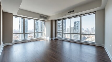 Obraz premium Spacious room with large windows and modern wooden floors.