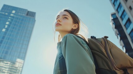 A young woman with a backpack stands amidst a clear sky in the city.