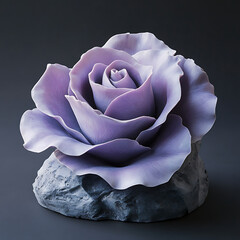 A stunning sculpture of rose in soft lavender hues, set against dark background, showcasing intricate details and craftsmanship. This piece evokes sense of elegance and beauty