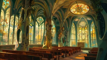 Art Nouveau Church Interior, a captivating space adorned with intricate organic shapes, curving lines, and stunning stained glass, evoking a dreamlike atmosphere.