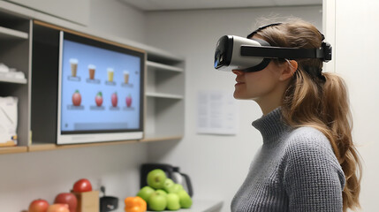market research analyst using virtual reality tools to analyze data in modern office environment. immersive experience enhances her research capabilities