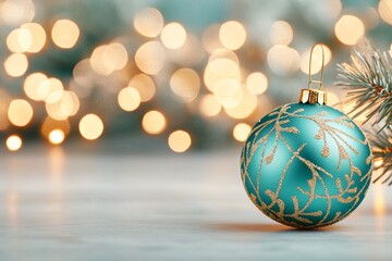 Obraz premium A beautifully decorated blue ornament hangs delicately beside a holiday tree