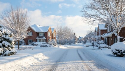 Residential calm on a snowy suburban street close to a major city.