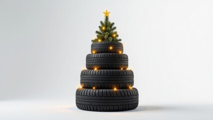 christmas tree made of car tires with garland lights, festive holiday decoration