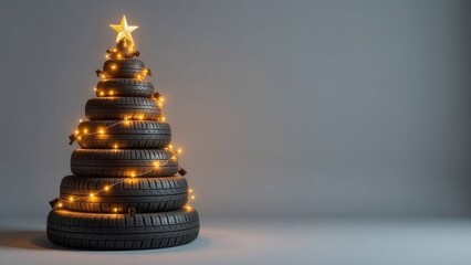 Obraz premium christmas tree made of car tires with garland lights, festive holiday decoration, copyspace for text.