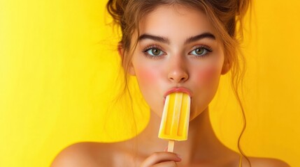 The young woman savoring a popsicle brings a cheerful summer vibe with her playful expression against a vibrant background. Generative AI