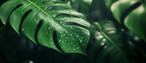 Fototapeta premium Closeup of Lush Green Monstera Leaf with Dew Drops