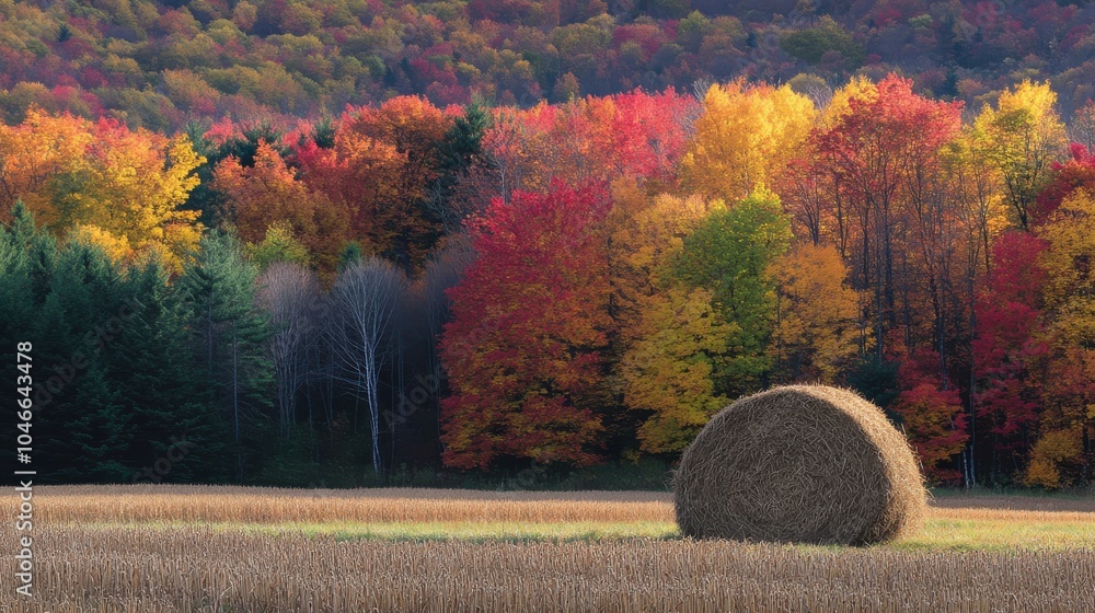 Poster a haystack in a field surrounded by colorful foliage.