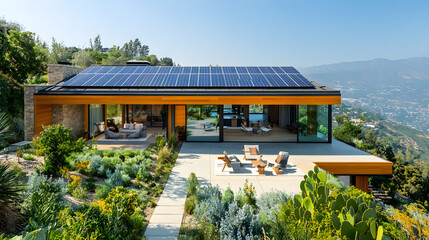 Obraz premium A stunning photography capturing the exterior of a hillside home, with an array of solar panels on the roof absorbing sunlight, framed by lush greenery and clear blue skies.