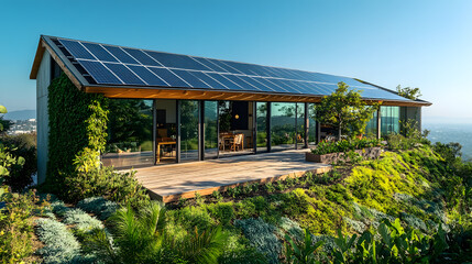 Obraz premium A stunning photography capturing the exterior of a hillside home, with an array of solar panels on the roof absorbing sunlight, framed by lush greenery and clear blue skies.
