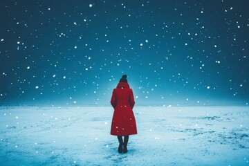 Serene walk in snowfall with woman in red coat