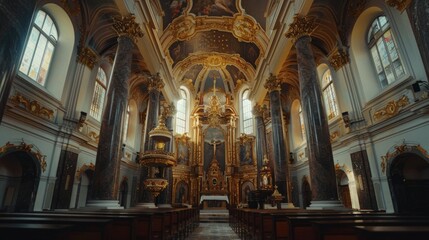 Fototapeta premium Opulent Baroque Church Interior, featuring intricate frescoes, lavish gilded altars, majestic swirling marble columns, a stunning display of artistic grandeur and architectural elegance
