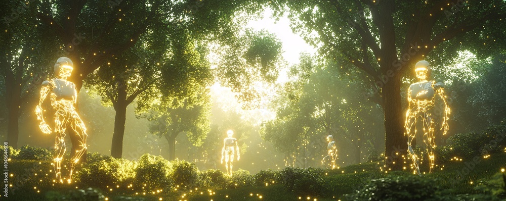 Poster a serene forest scene where ai-powered robots tend to the environment, blending seamlessly with natu