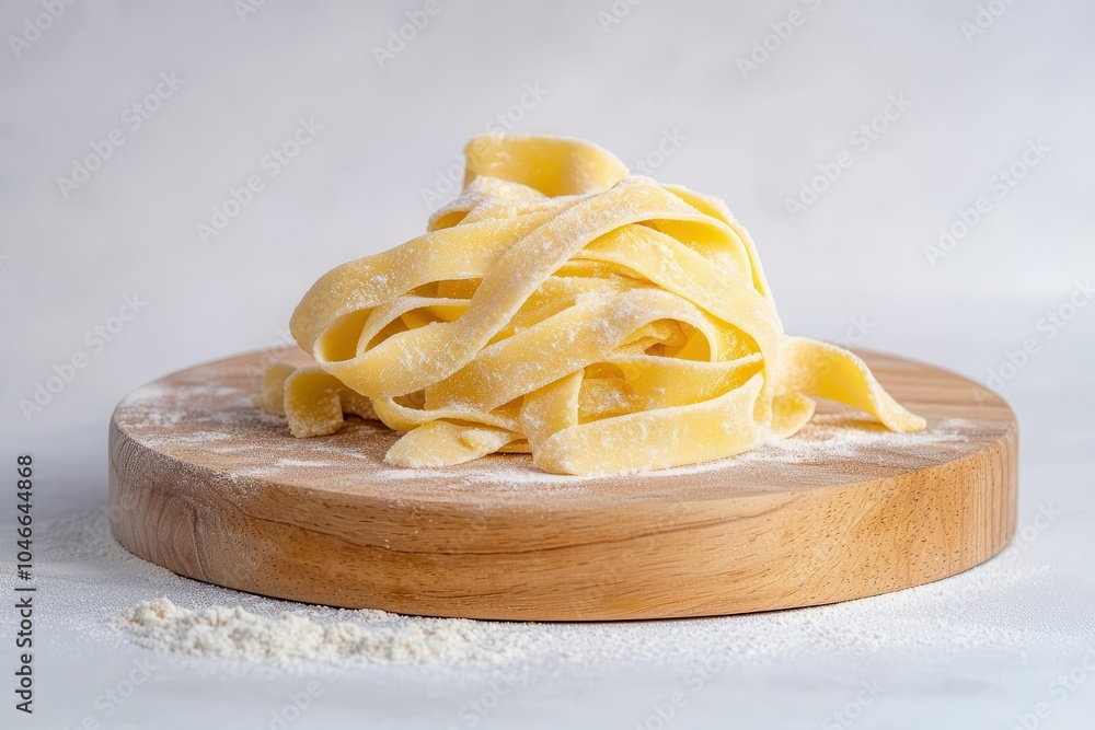 Wall mural Fresh fettuccine pasta on a wooden board, white isolate background