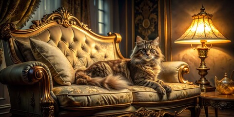 Fototapeta premium Royal Cat Relaxing on Luxurious Sofa in Elegant Night Setting | Night Photography, Feline Royalty, Cozy Atmosphere, Soft Lighting, Comfy Furniture, Cat Portrait, Home Decor