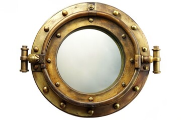Rustic Brass Ship Porthole with Bolts, Nautical Maritime Theme, Historical Design, Isolated on White Background, Perfect for Decor and Creative Projects