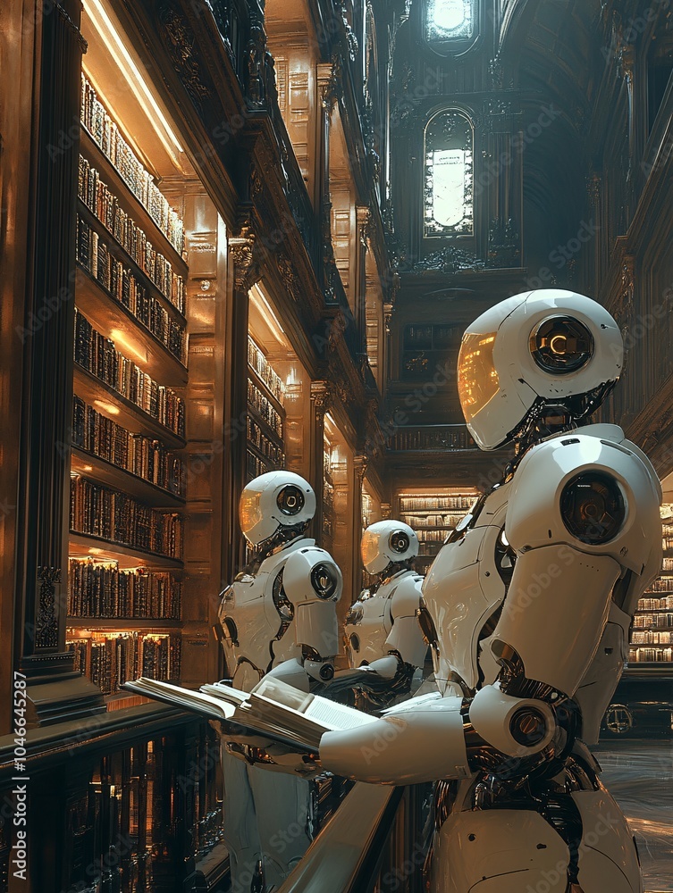 Poster an ancient library where books and ai holograms coexist, robotic librarians assisting with knowledge