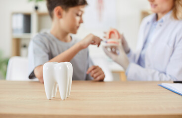 Healthy tooth model on wooden table, close-up. Dentist with jaw model teaching boy how to brush...