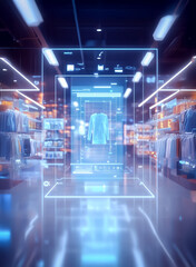 Futuristic retail store showcasing a 3D holographic projection of a clothing item, illuminated by bright neon lights in a high-tech environment, emphasizing innovation and advanced shopping experience