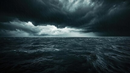 Fototapeta premium Stormy sea with dark clouds, dramatic skies over turbulent waters.