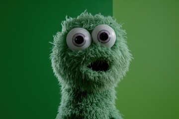Cute green furry puppet with big eyes on green background