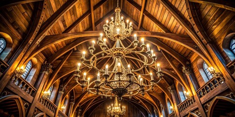 Obraz premium Rustic Elegance: Grand Chandelier Illuminating Wooden Cathedral Ceiling in a Charming Venue Atmosphere with Warm Lighting and Natural Wood Elements