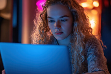 Intense young woman working late on laptop with neon lights