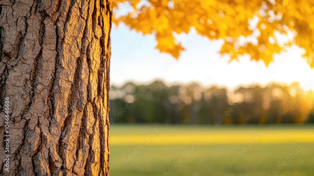 Poster close-up of a tree trunk with autumn leaves and a blurred background