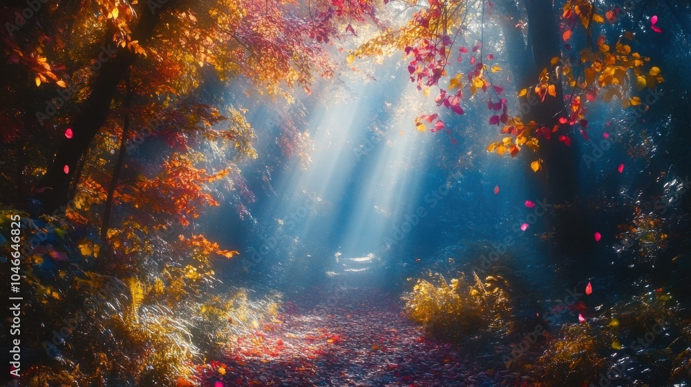 Poster a misty forest path illuminated by rays of sunlight filtering through colorful leaves.