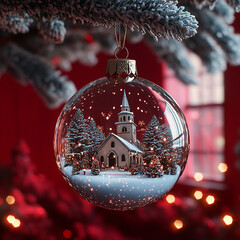 A Christmas bauble made of clear glass with a snow-covered church inside that is suspended from a Christmas tree branch