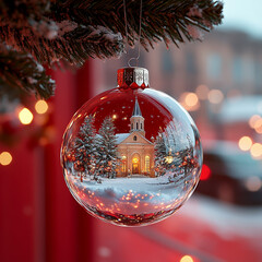 A Christmas bauble made of clear glass with a snow-covered church inside that is suspended from a Christmas tree branch