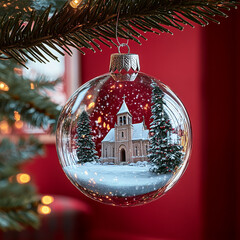 A Christmas bauble made of clear glass with a snow-covered church inside that is suspended from a Christmas tree branch