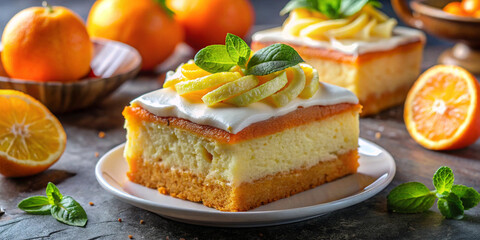Citrus delight homemade orange cake with vanilla cream. Homemade bakery concept