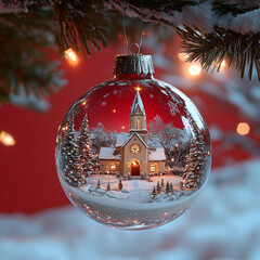 A Christmas bauble made of clear glass with a snow-covered church inside that is suspended from a Christmas tree branch