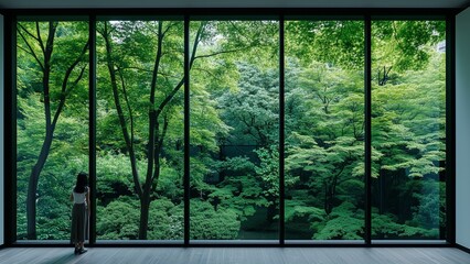 A close-up of the black window screen with green trees outside,an extremely wide shot, made from bamboo and straw, a photorealistic scene of nature, a window view of a green tree park in Tokyo,