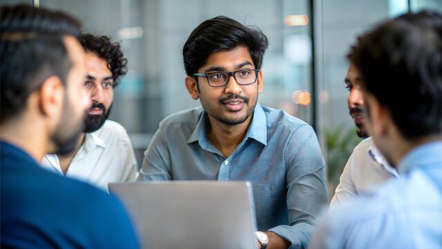 An Indian software engineer discussing project details in a team meeting with colleagues.	
