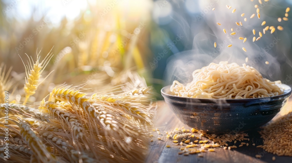 Poster a split image showcasing the journey of wheat from field to table, with a bowl of steaming noodles o