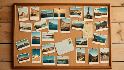 Collection of travel photo and postcards pinned on a corkboard, perfect for displaying souvenirs, photos, and trip memorabilia.