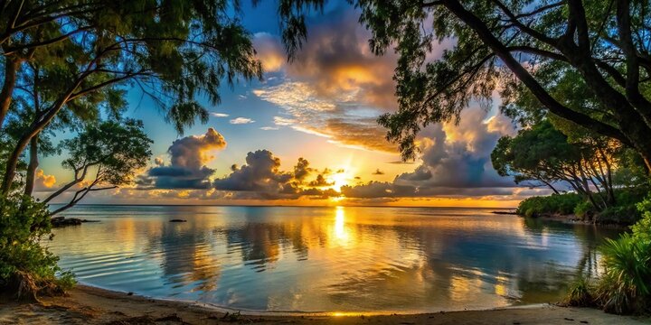 Sunset view through trees at Agat Creek in Guam