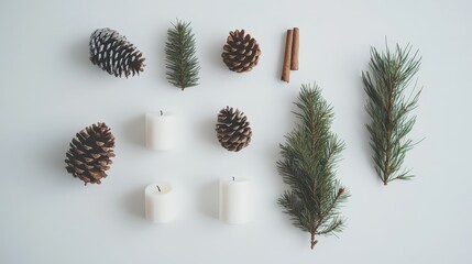 Minimalist flat lay of winter elements with pine cones and candles for seasonal decor.