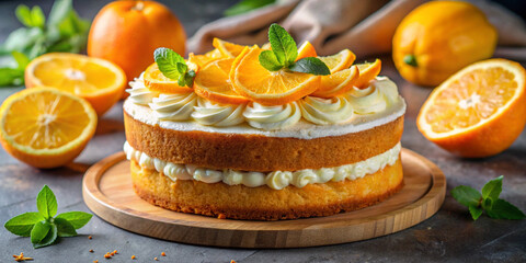 Citrus delight homemade orange cake with vanilla cream. Homemade bakery concept